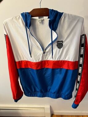 K-Swiss Athletic Windreaker Jacket - White, Blue & Red